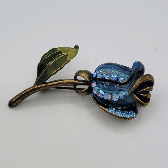 Vintage Jewelry - Vintage Brooch Long Stemmed Rose Blue Enamel Aurora Borealis